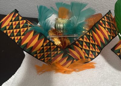 Colorful feathered headdress with geometric patterns.